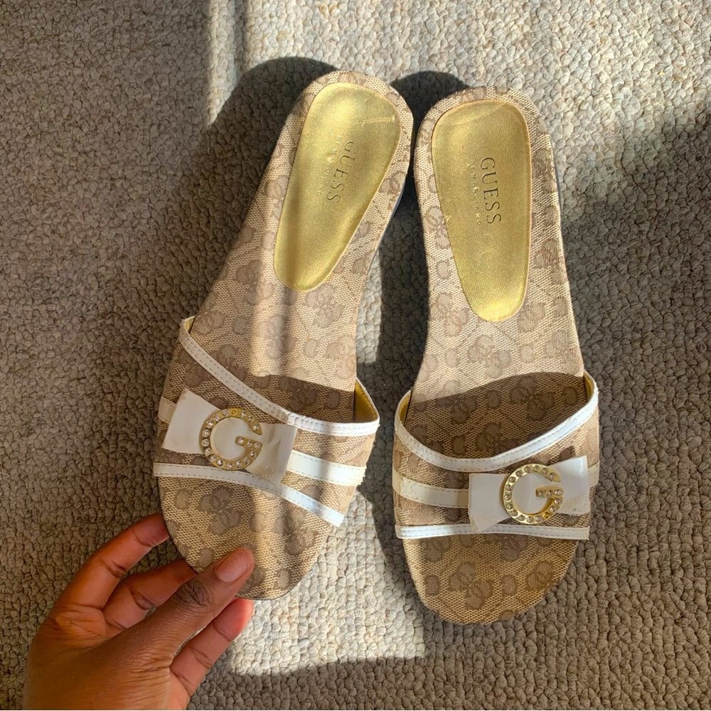 Guess Brown and White Print Sandals